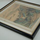 Peinture ancienne sur tissu,  paysage asiatique, avec encadrement 40 x 39.5 cm