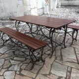 Garden lounge table and 2 cast iron and oak benches