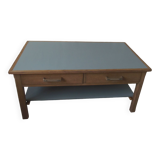 Coffee table made from a desk of the 40s, tray and green shelf