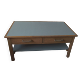 Coffee table made from a desk of the 40s, tray and green shelf