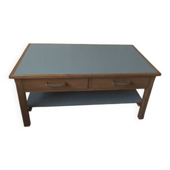 Coffee table made from a desk of the 40s, tray and green shelf