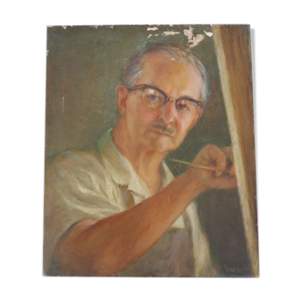 Tableau portrait huile sur toile vintage