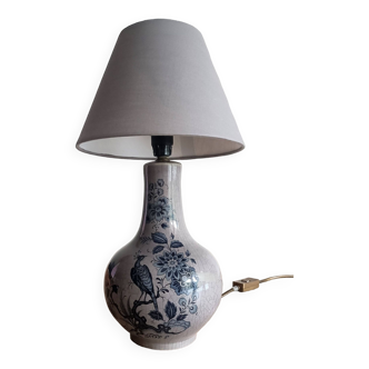 Lampe à poser en céramique motif asiatique paon et fleurs et abat-jour en tissu