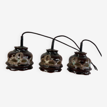 Lustre / lampe suspendue vintage en lave fata marron avec 3 points lumineux