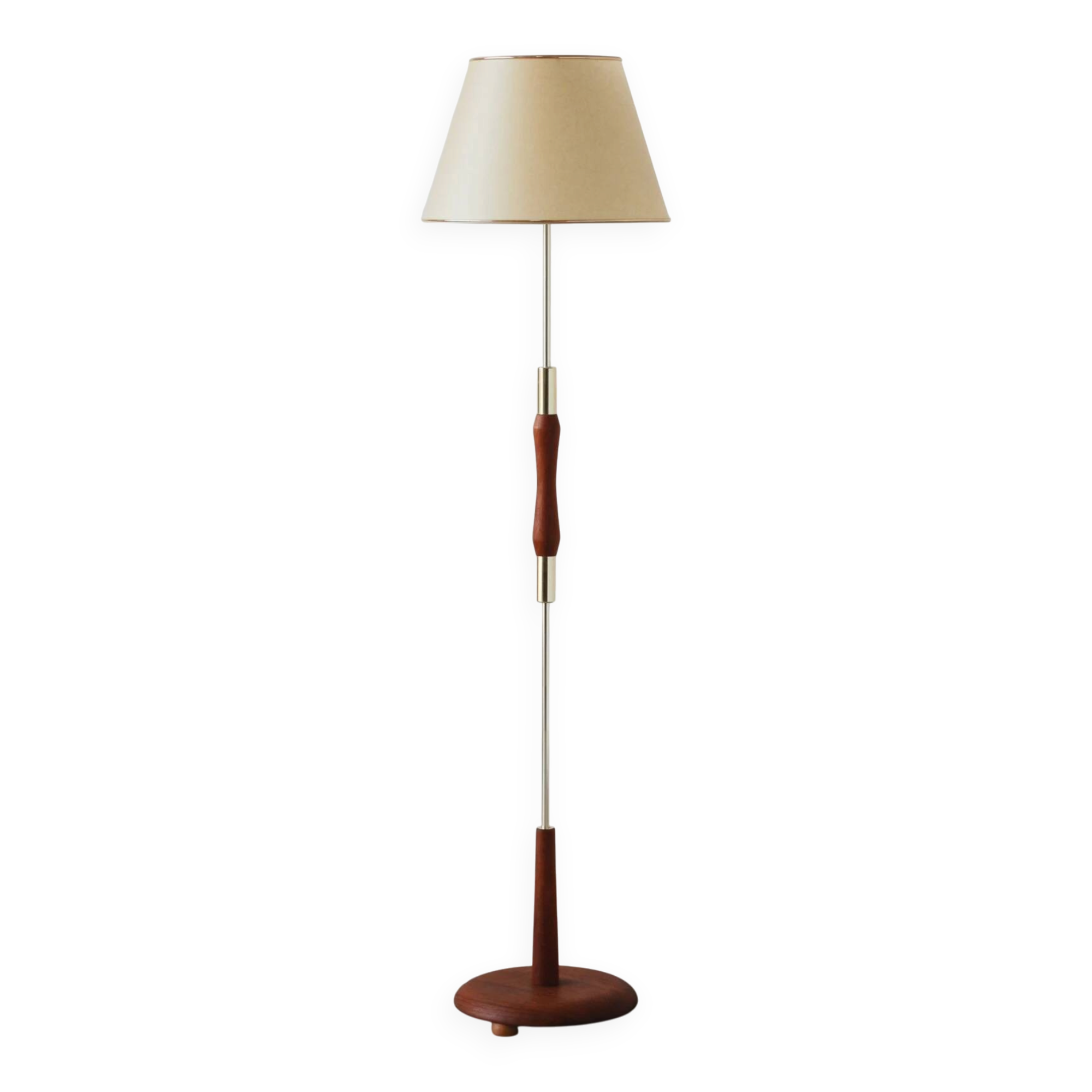 Vintage 1960s Scandinavian style floor lamp in teak and brass.