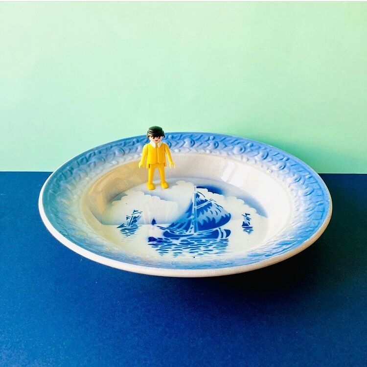 LARGE HOLLOW DISH MOULINS DES LOUPS AND HAMAGE MARINE PATTERN IN CERAMIC-RETRO-KITCHEN-VINTAGE