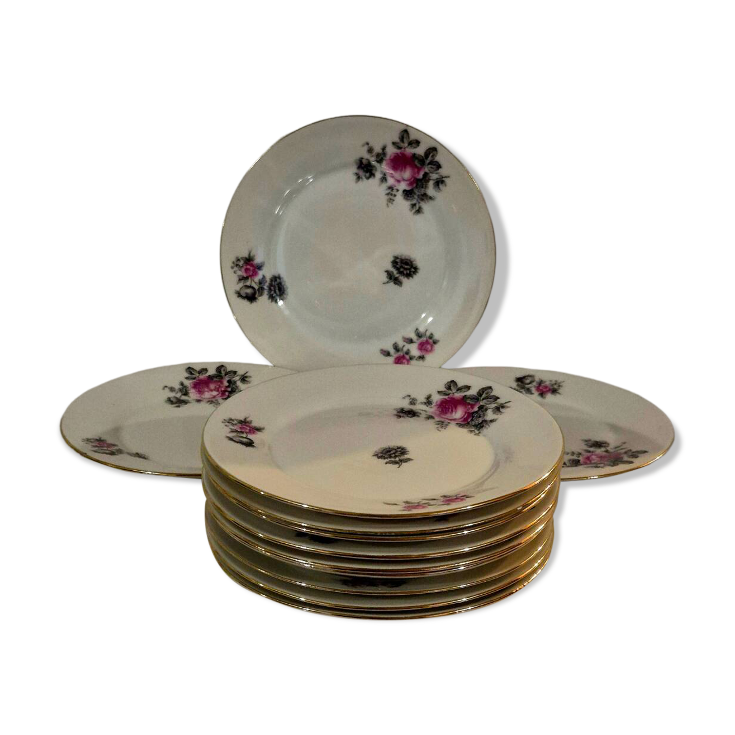 Service of 12 porcelain plates in romantic style.