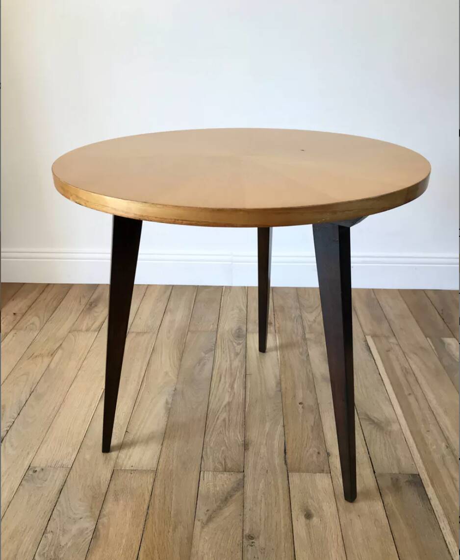 Tripod coffee table in wood and two-tone marquetry Scandinavian design 50s-60s