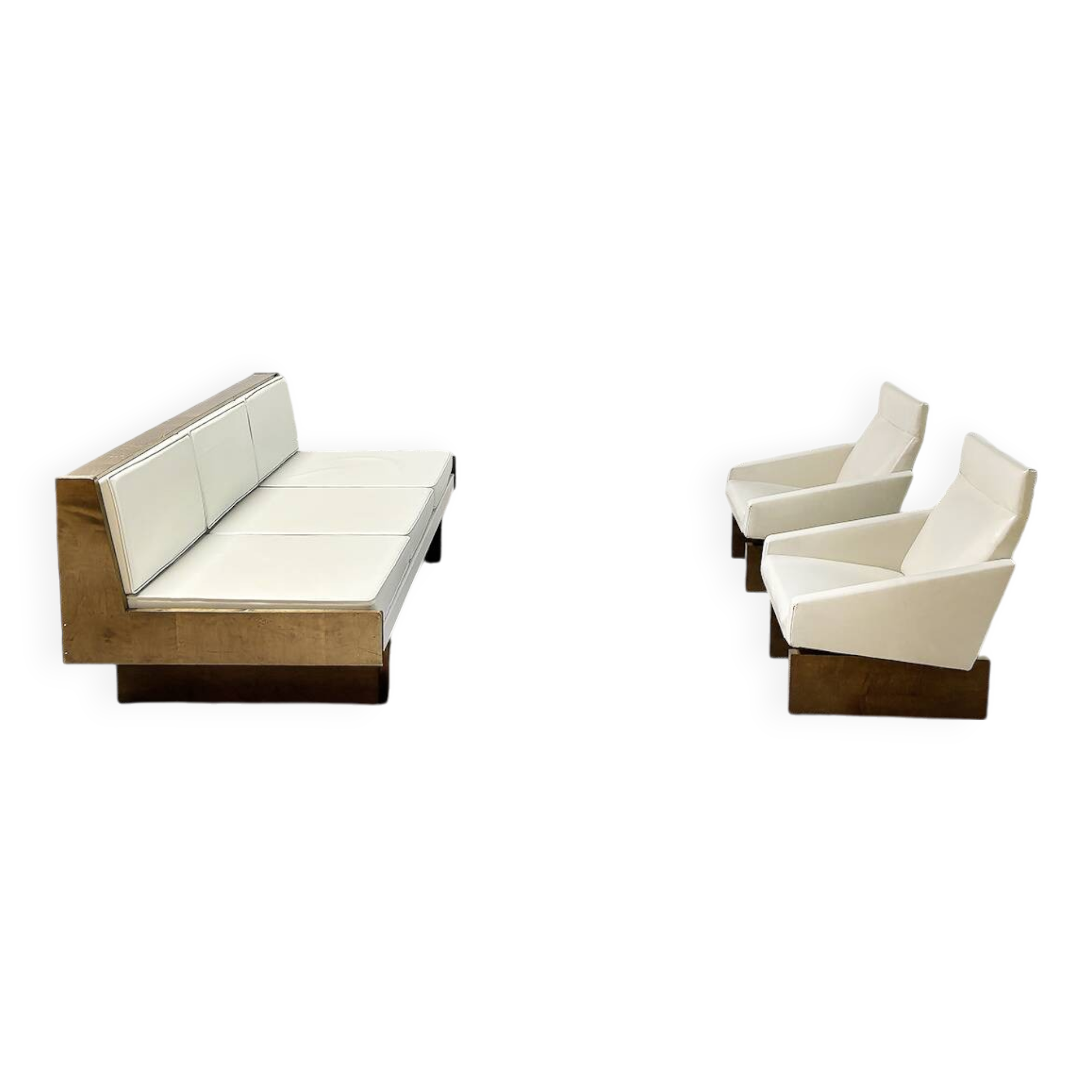 French Modernist Living Room Sofa Set In White Leather, 1950's