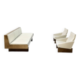 French Modernist Living Room Sofa Set In White Leather, 1950's