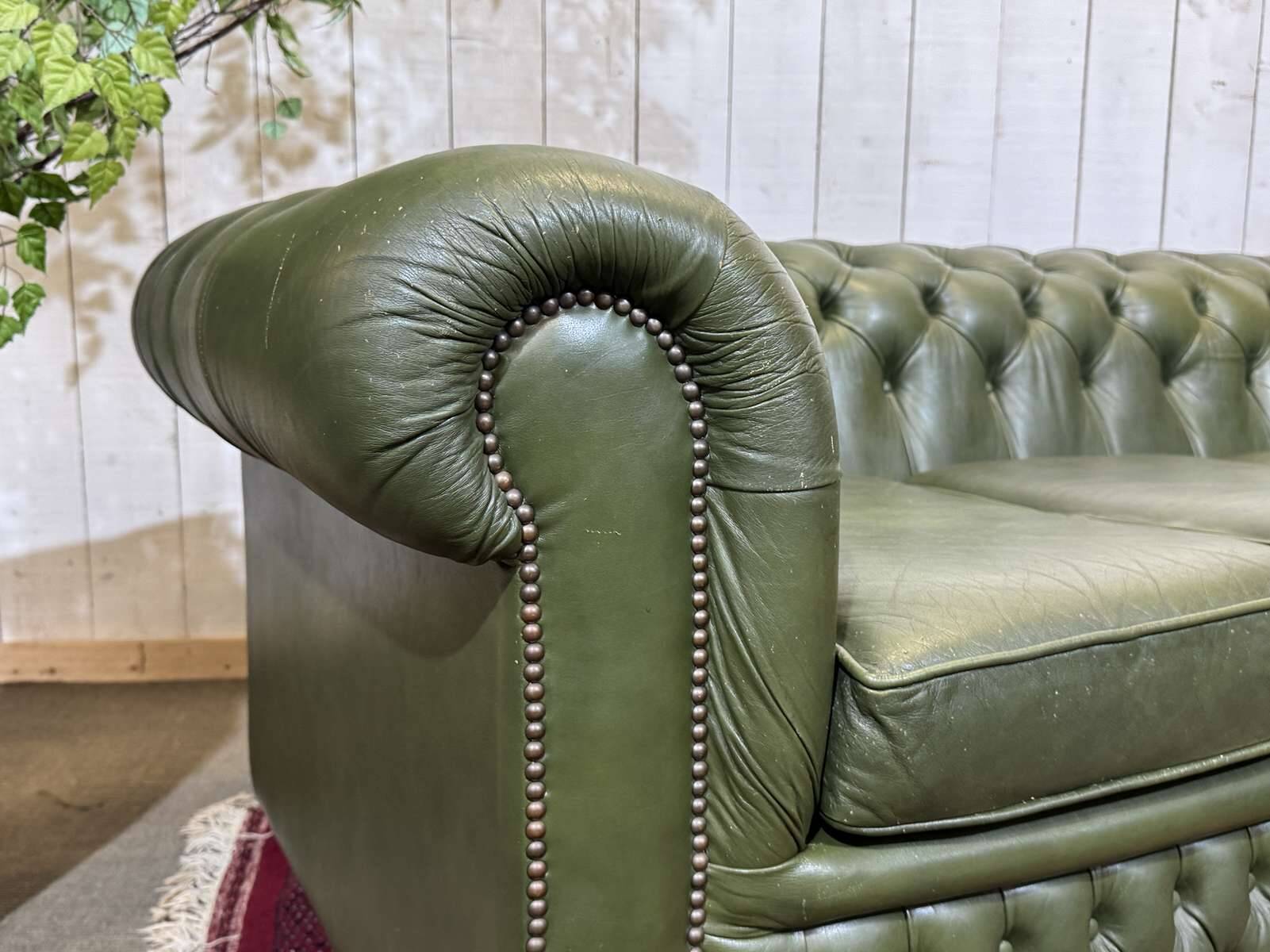 Chesterfield leather 3-seater sofa with mahogany legs - English craftsmanship
