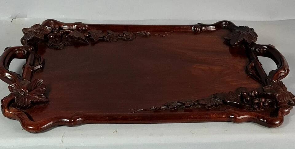 Antique rosewood serving tray carved with vines China D058