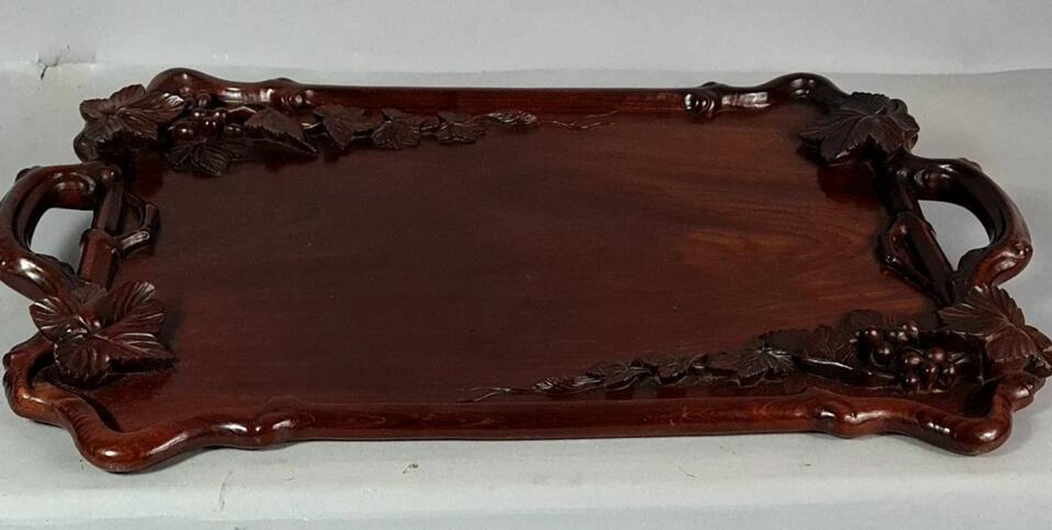 Antique rosewood serving tray carved with vines China D058