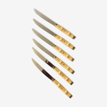 6 couteaux de table Pradel inox et manche forme bambou en bakélite écru