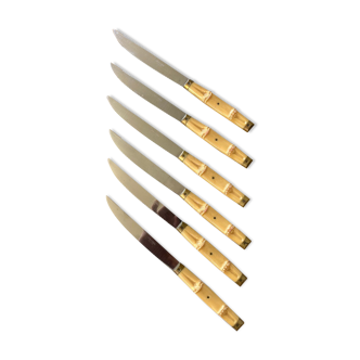 6 couteaux de table Pradel inox et manche forme bambou en bakélite écru