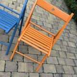 Set of vintage painted blue and orange chairs