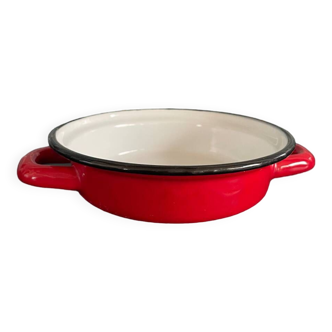 Hollow dish with handles in red enameled sheet metal