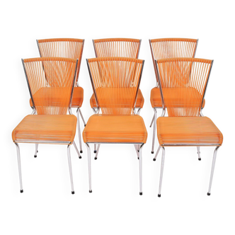 Ensemble de 6 chaises "Scoubidou" orange, datant des années 60.