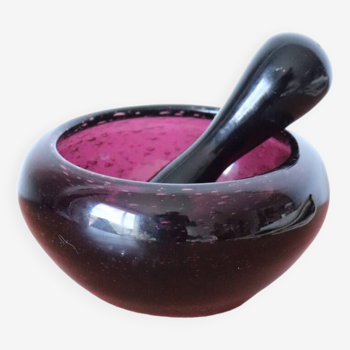 Small biot mortar blown bubbled glass purple