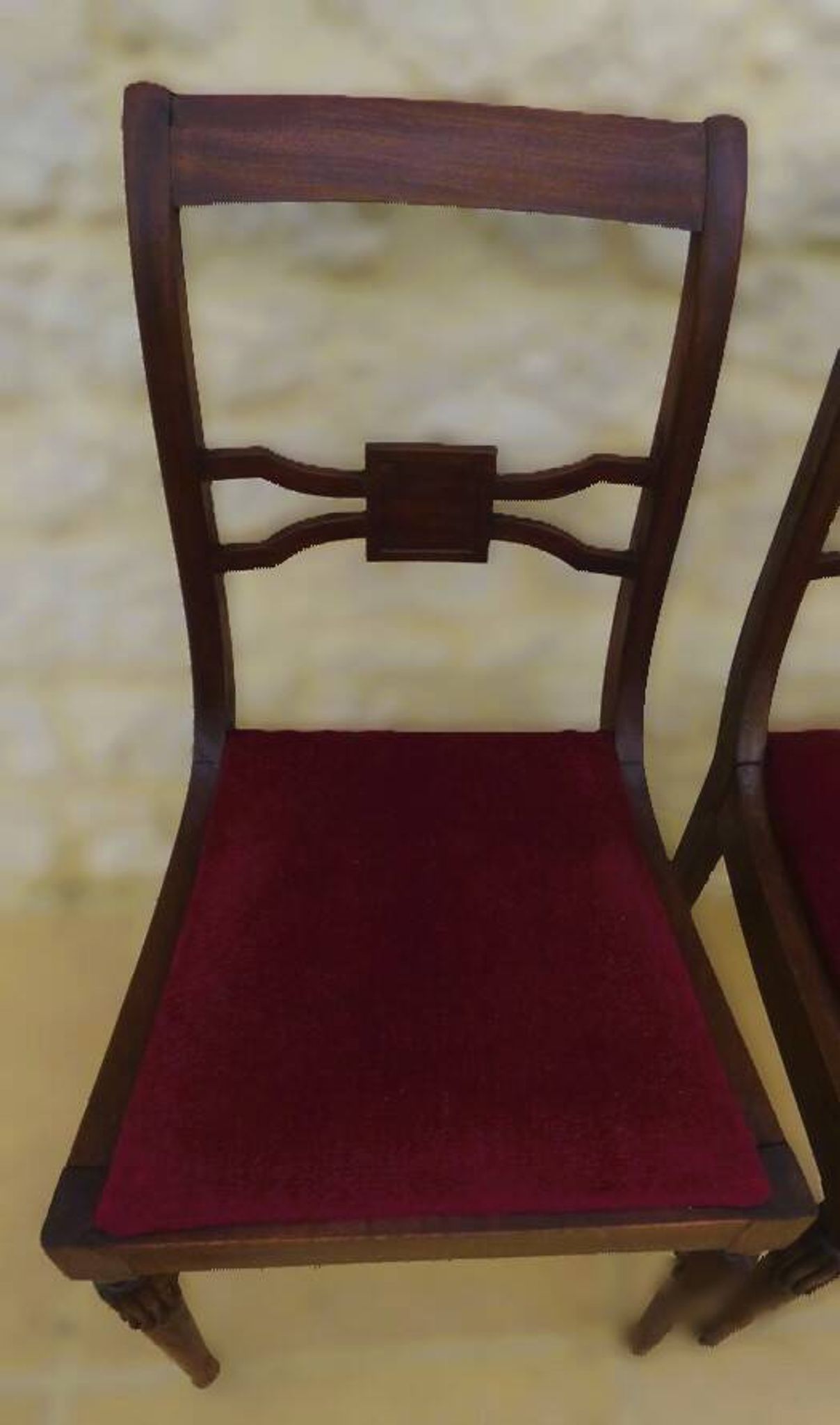 2 stylish solid wood chairs with red velvet fabric seats