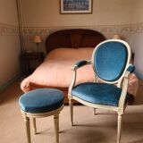 Louis XVI style medallion armchair and stool