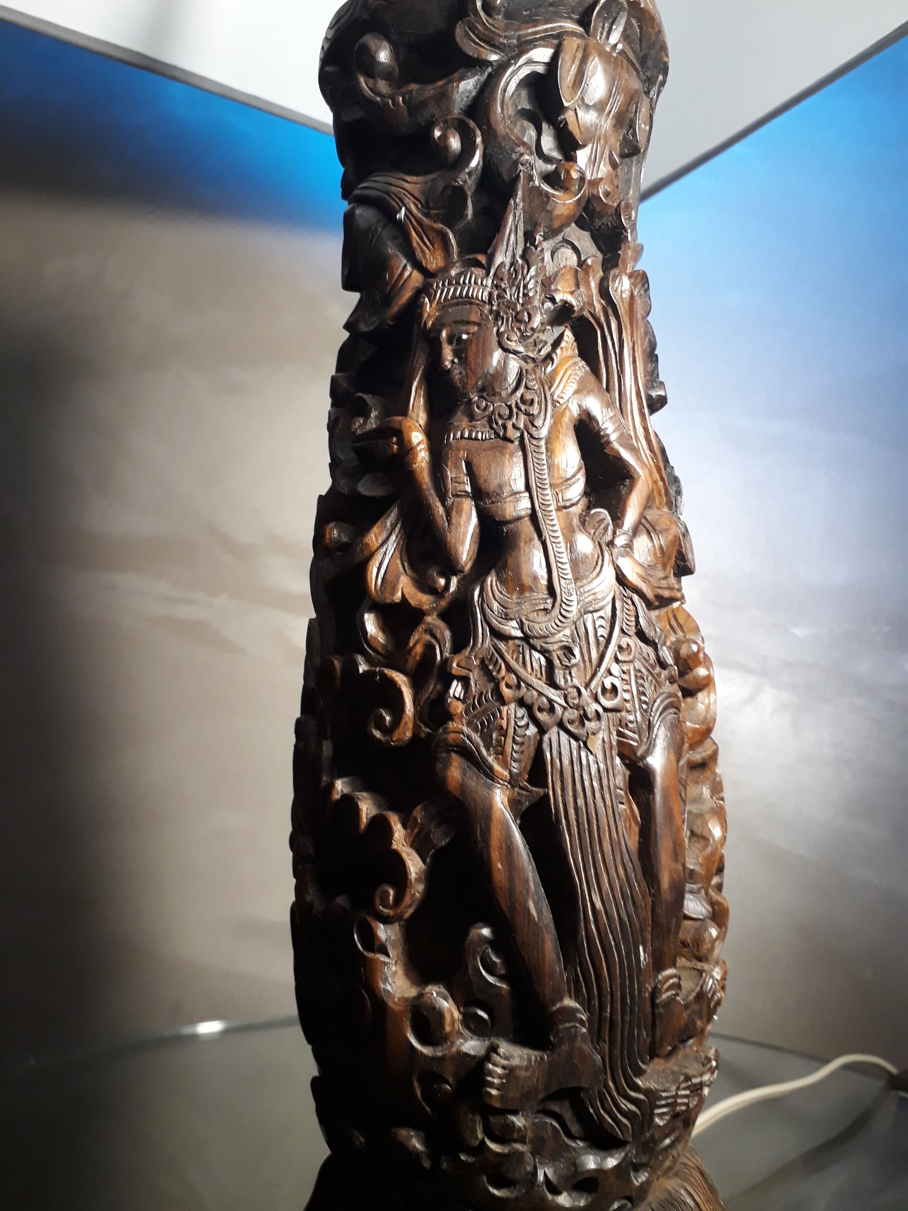 Large exotic wooden lamp finely carved Thai dancer