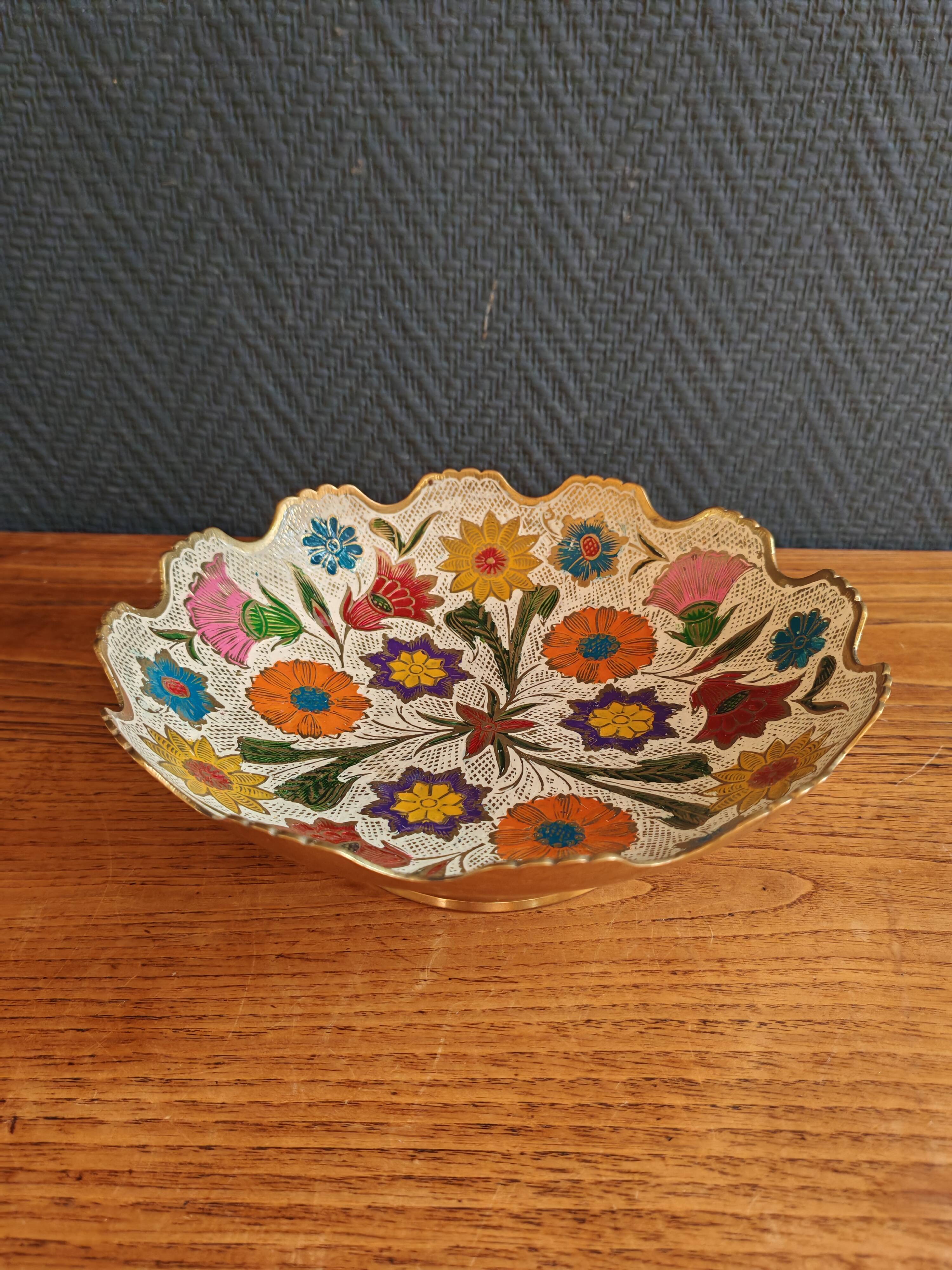 Vintage Enamelled Brass Fruit Bowl – Floral Centrepiece with Edge Fe