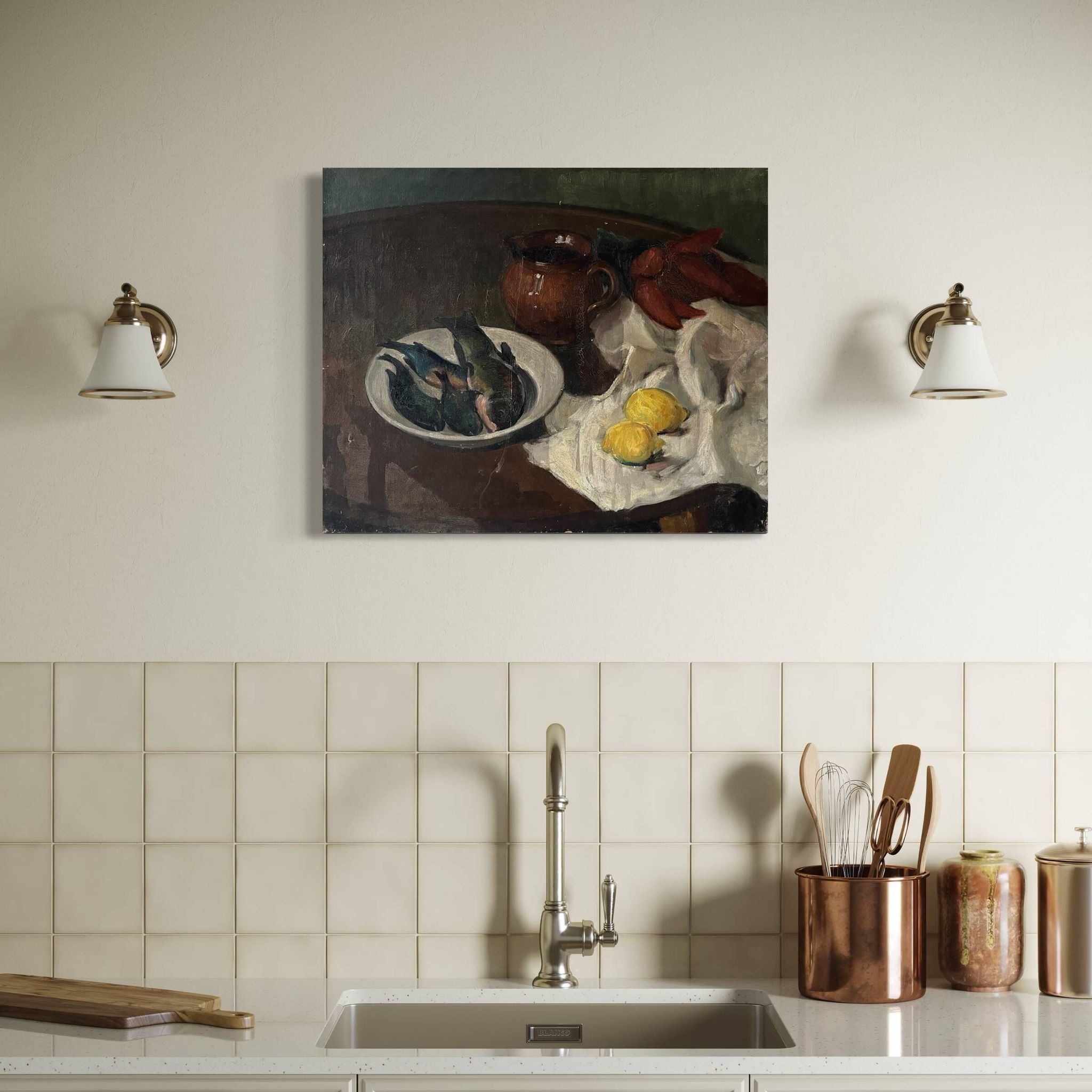Oil on canvas still life with fish from the 1920s, antique painting.
