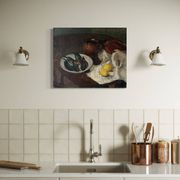 Oil on canvas still life with fish from the 1920s, antique painting.