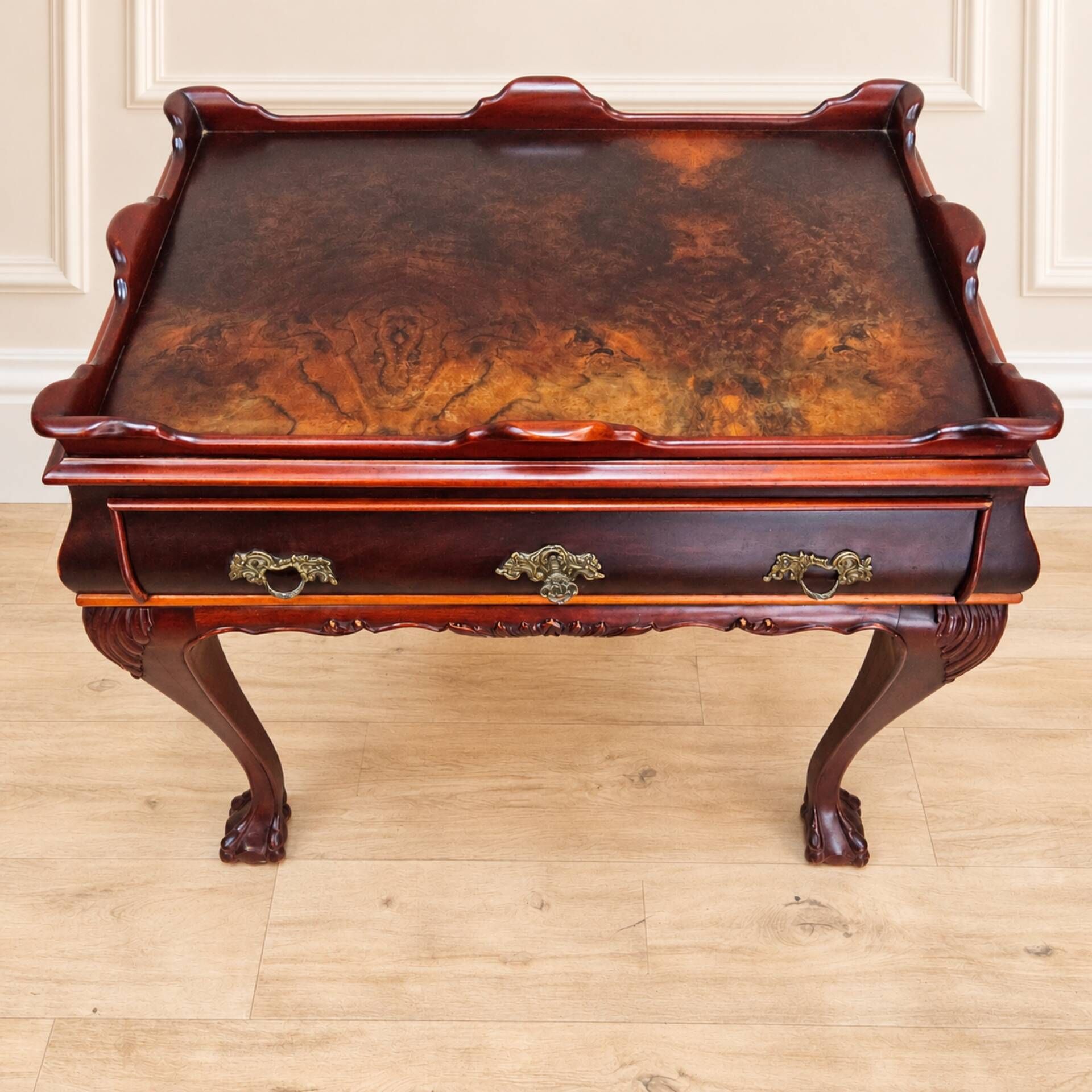 Antique walnut side table / tea table with drawer, shelves