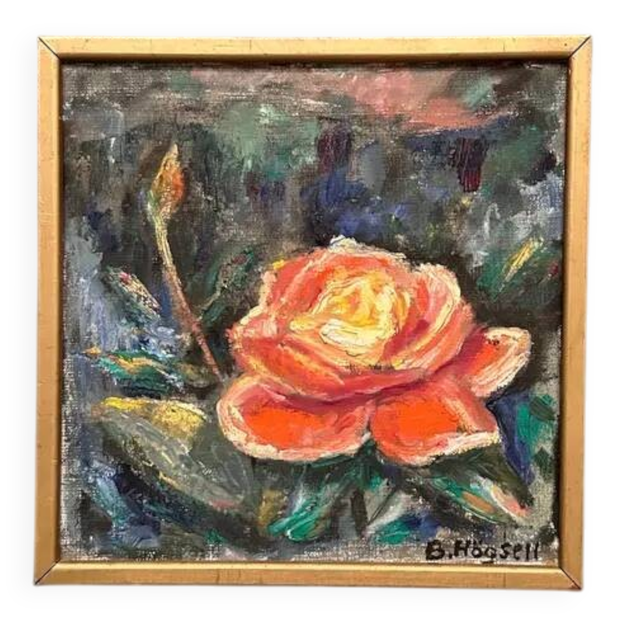 Original Swedish Oil on Canvas – “Yellow Rose” by B. Högsk – Signed – Vintage & Framed – 33 × 33 cm (13" × 13")