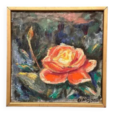 Huile sur toile originale suédoise – “Rose Jaune” par B. Högsk – Signée – Vintage et encadrée – 33 × 33 cm (13" × 13")