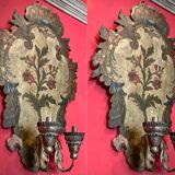 18th Century Rococo Venetian Polychrome and Mecca Lacquered Wooden Wall Sconces with Iron Arms, Set of 2
