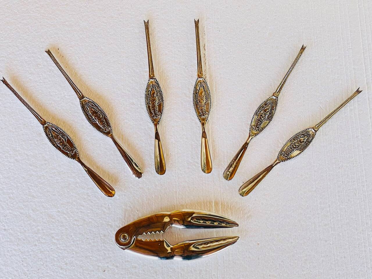 Set of 6 lobster forks and tongs, silver plated metal by Silea, circa 70