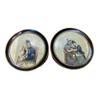 Pair of paintings on painted dishes