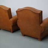 Pair of French club chairs with moustache back in cognac leather, 1950s
