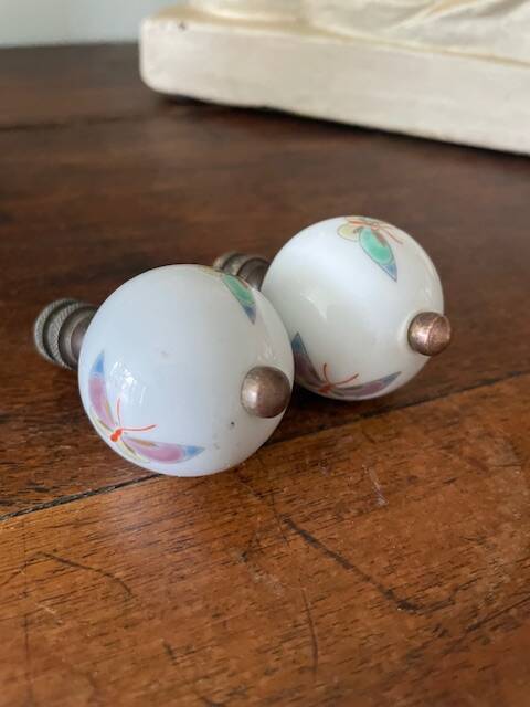 pair of antique painted porcelain knob handles