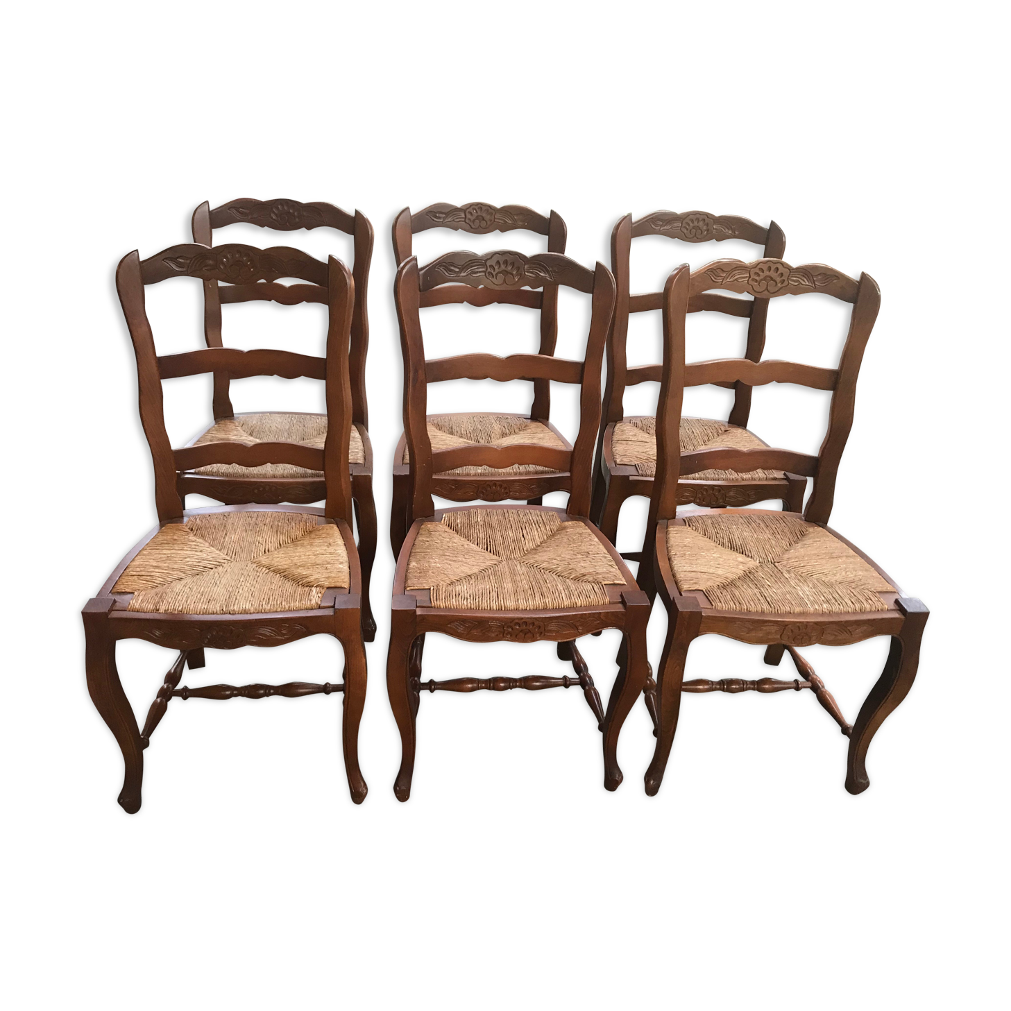 Suite of 6 rustic mulched chairs Louis XV solid cherry