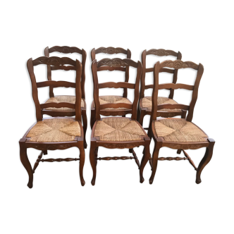 Suite of 6 rustic mulched chairs Louis XV solid cherry