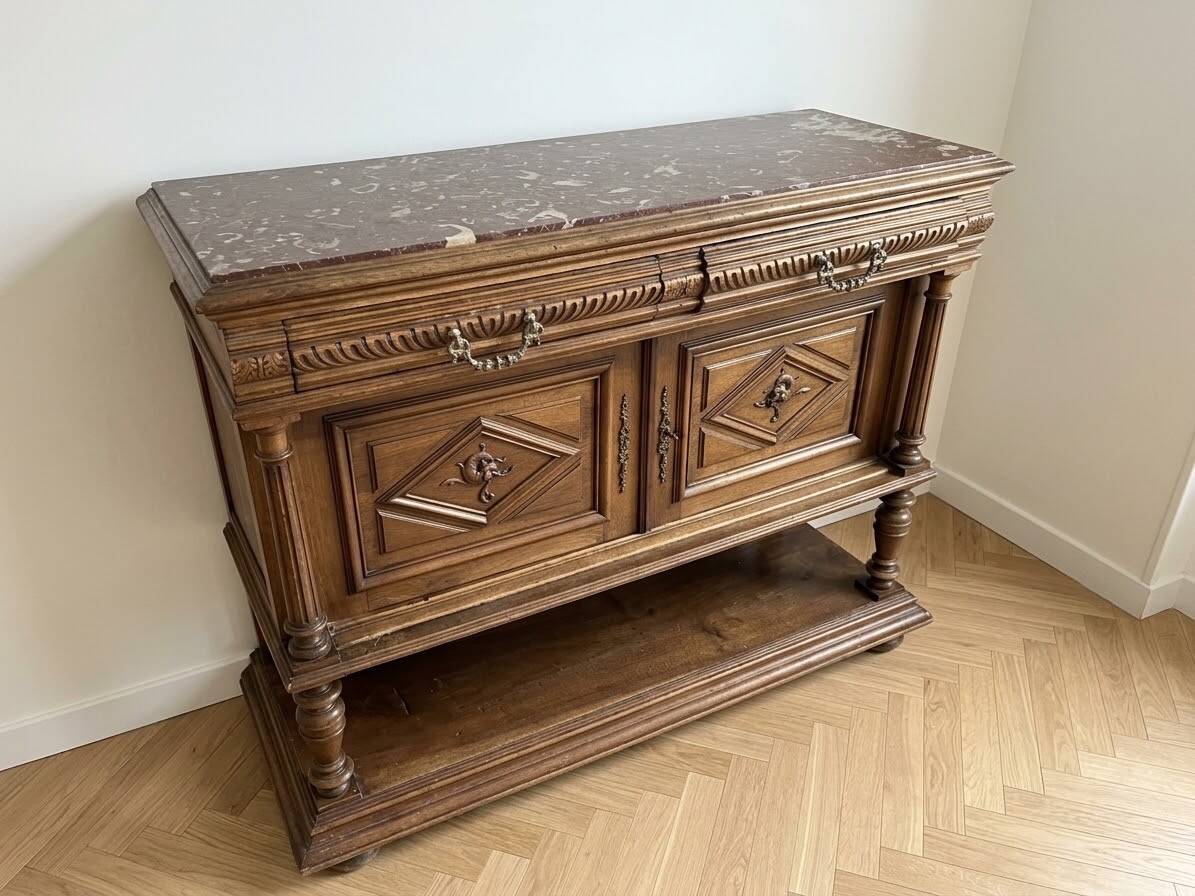 Henri II storage furniture in solid wood and marble