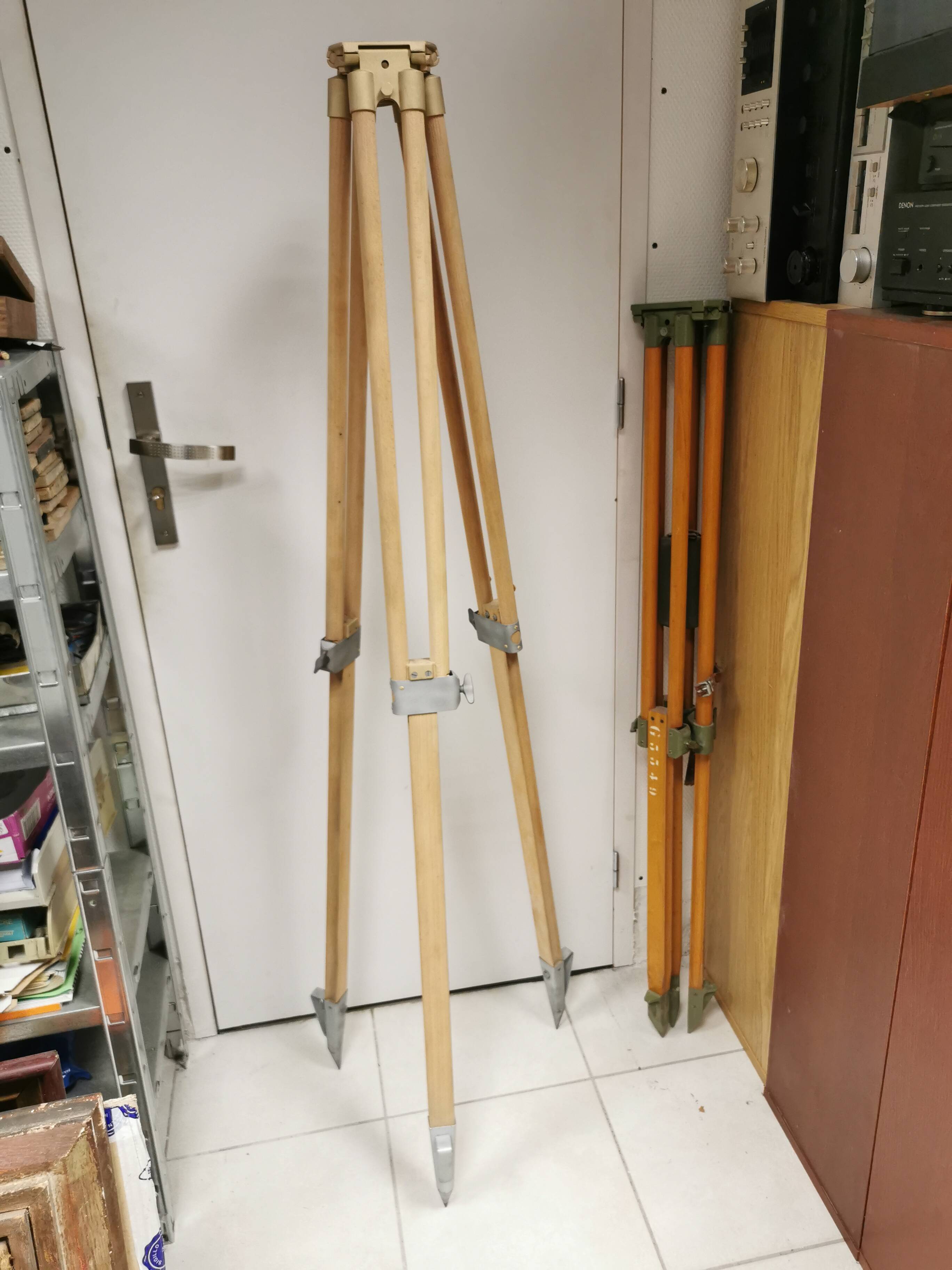 Raw / stripped wooden tripod, vintage industrial lamp base