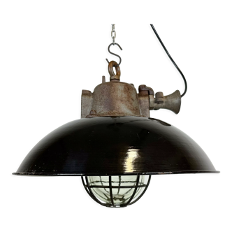 Black Enamel and Cast Iron Industrial Cage Pendant Light, 1950s