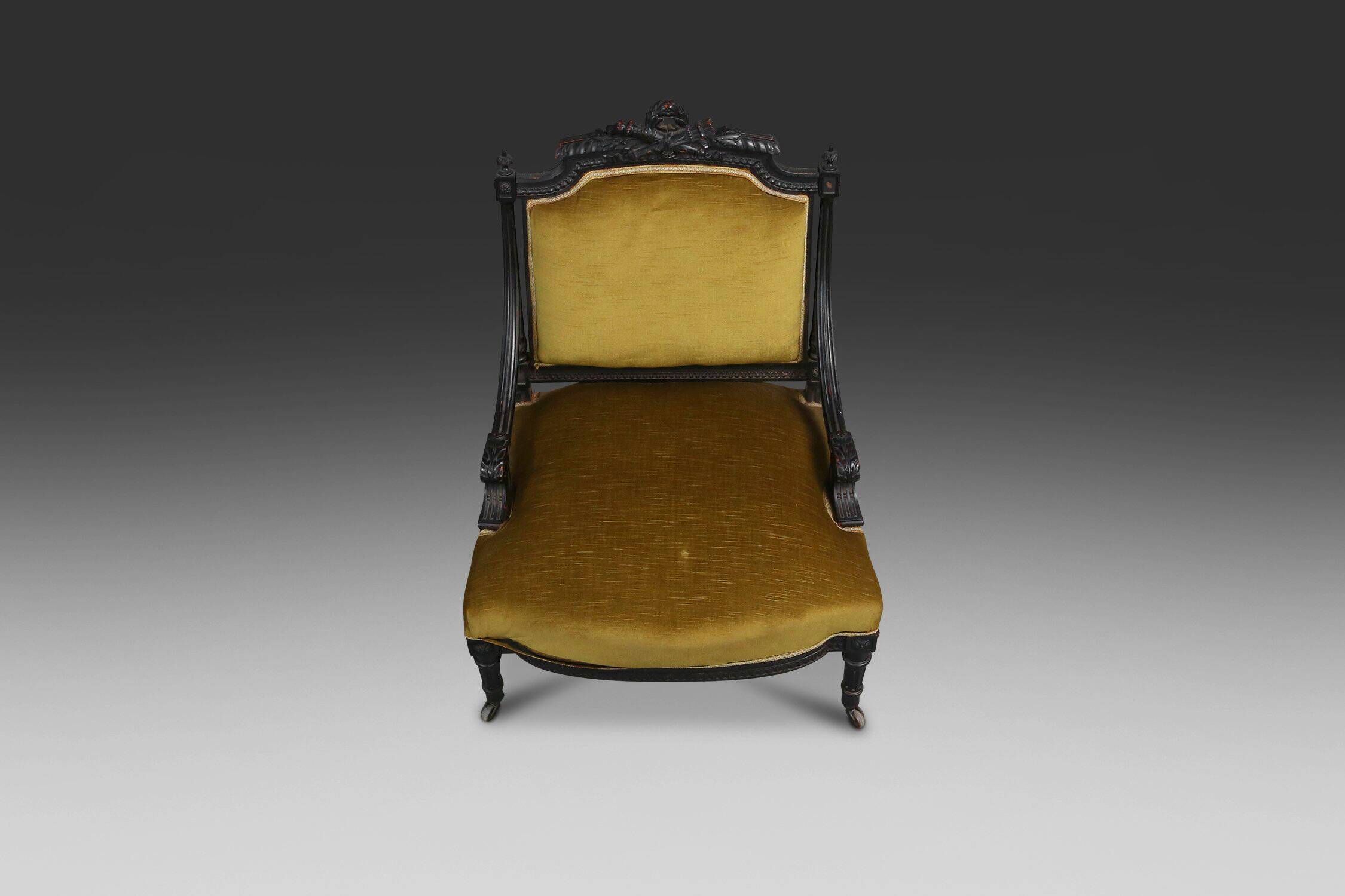French Empire style  Black Wood and Velvet Armchair, 1850s