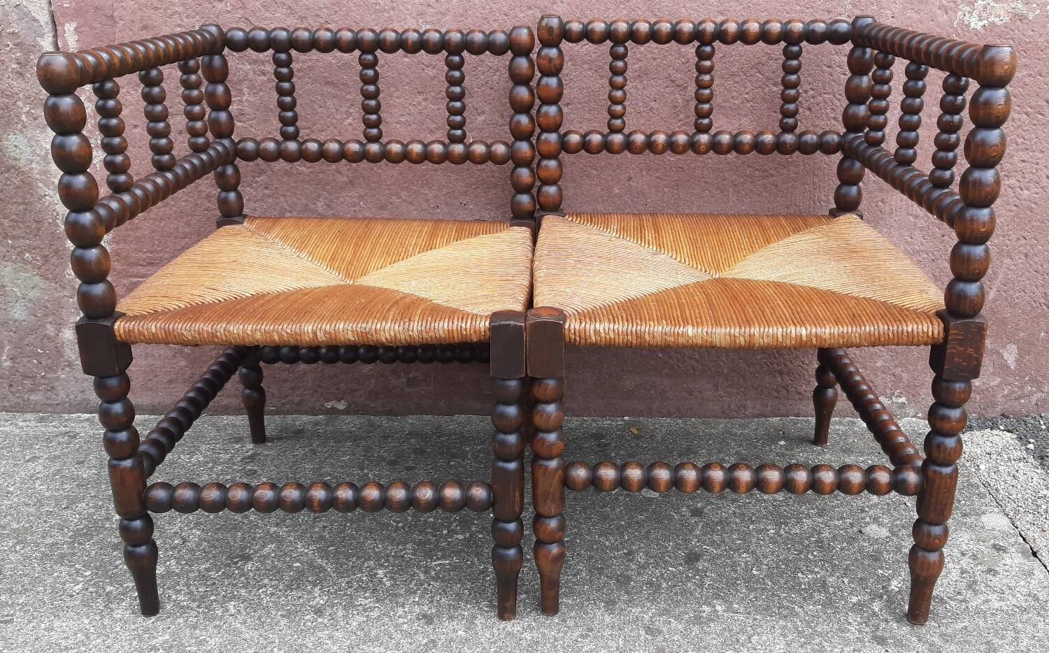 Pair of corner chairs or armchairs "fireplace corner" (Straw seat)