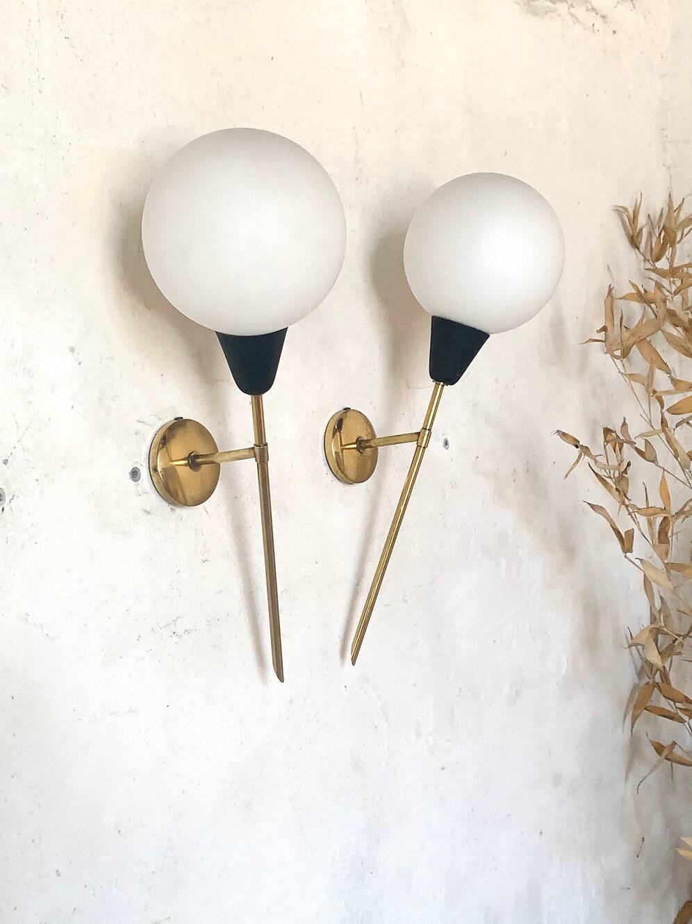 Pair of vintage brass and opaline wall sconces