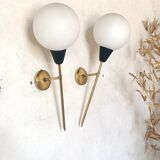 Pair of vintage brass and opaline wall sconces