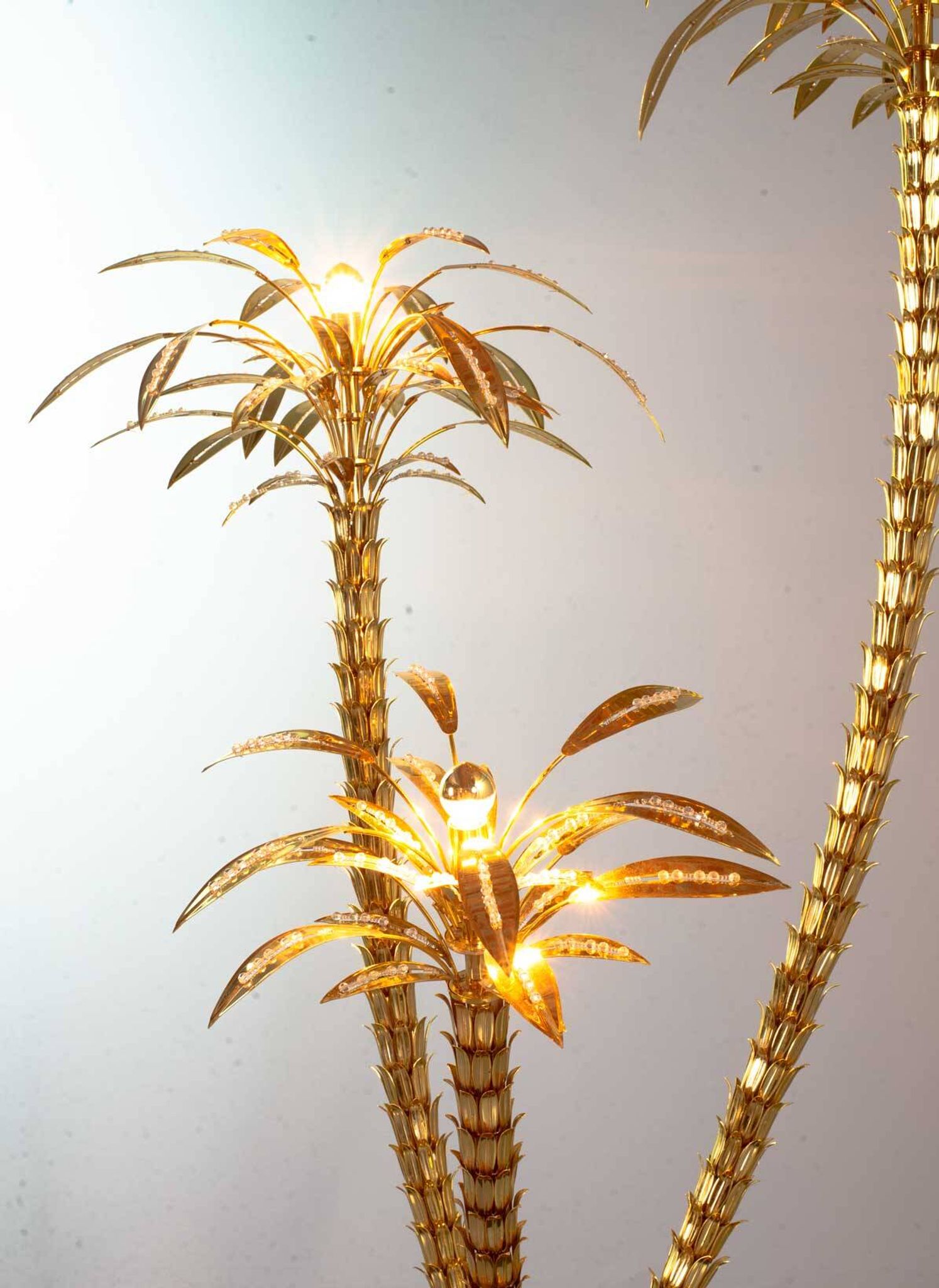 Exquisite Italian Golden Palm Tree Floor Lamp with 3 Sparkling Branches 70s