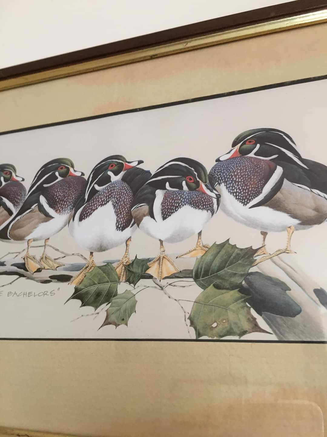 Painting of birds "the Bachelors" by Art Lamay. Impression of birds. Wooden frame and gilded edging