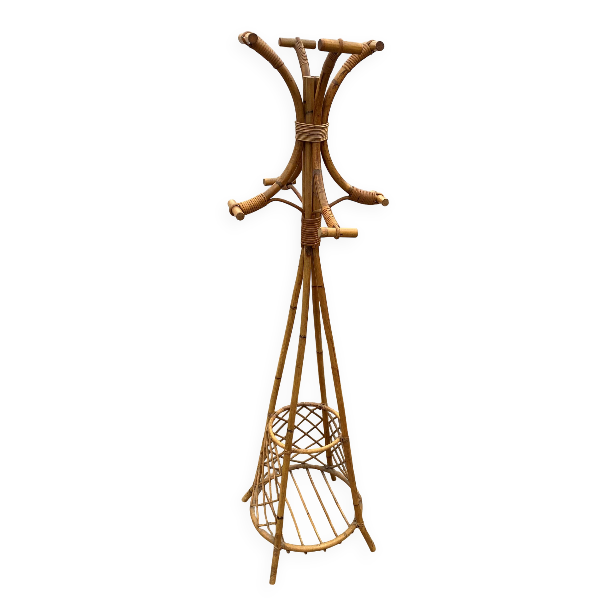 Vintage 1970s rattan coat rack