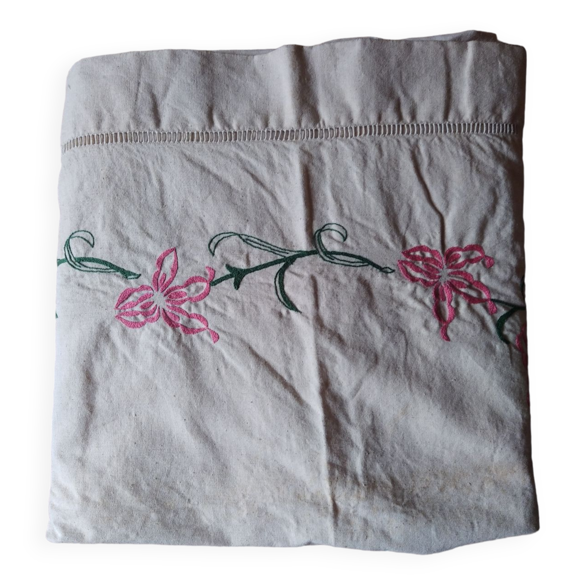 Old linen sheet embroidered decor flowers pink 210x300 cm